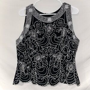 Vintage 90s J Kara Black White Beaded Floral Embroidered Scallop Hem Formal Top